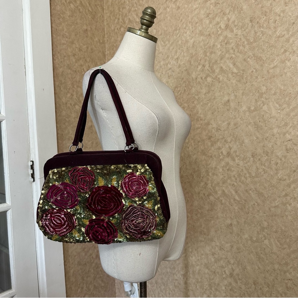 VTG Y2K 90s Burgundy Velvet Velour Rose Floral Sequin Shoulder Bag Purse